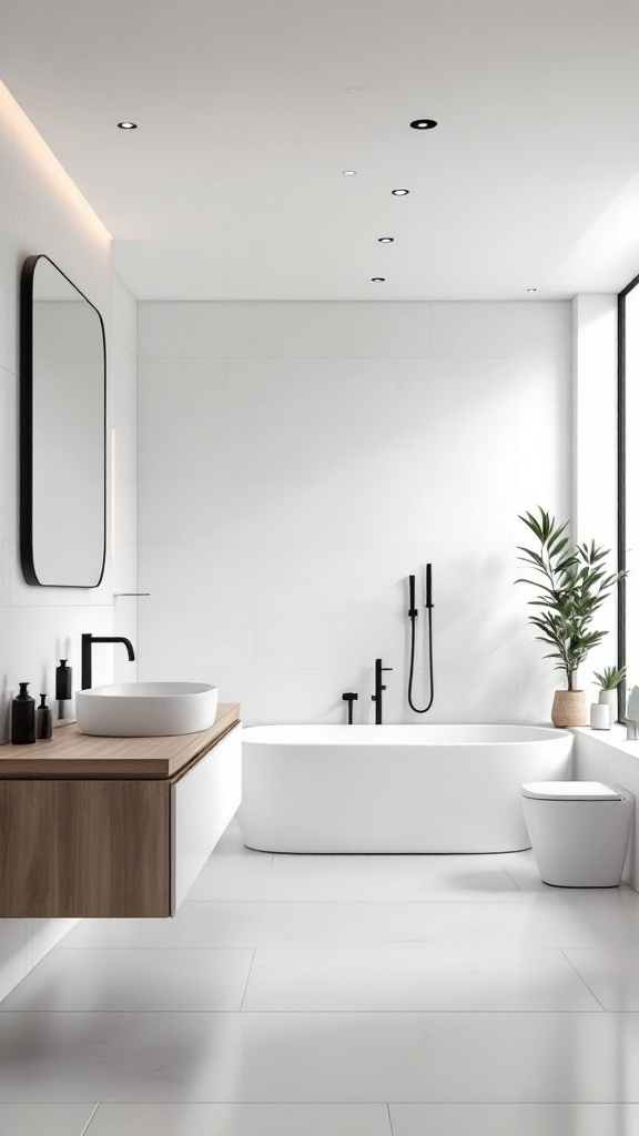 A modern minimalist bathroom featuring clean lines, light colors, and natural materials.