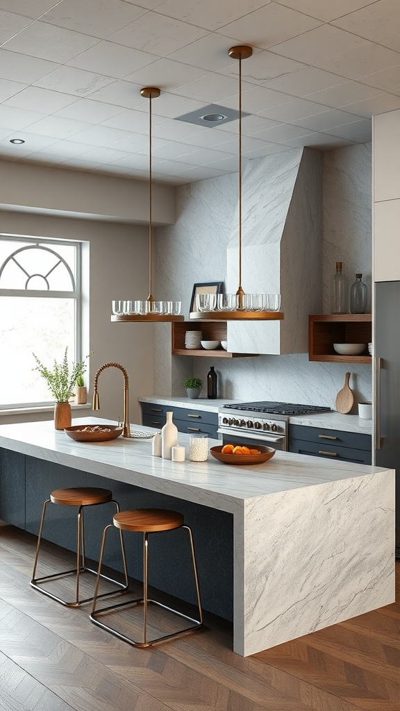 A modern multi-tiered kitchen island featuring sleek surfaces and wooden accents, with hanging light fixtures.