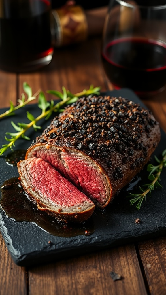 A peppercorn-crusted beef tenderloin sliced to reveal a juicy interior, garnished with fresh herbs, paired with a glass of red wine.