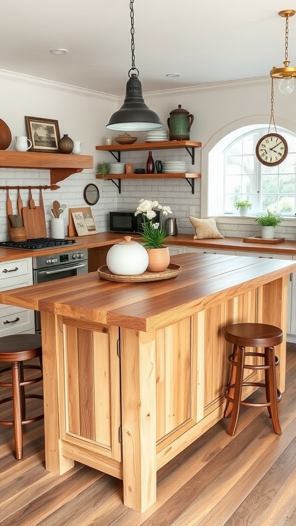 A rustic farmhouse style kitchen island made of light wood, featuring bar stools and decorative elements.