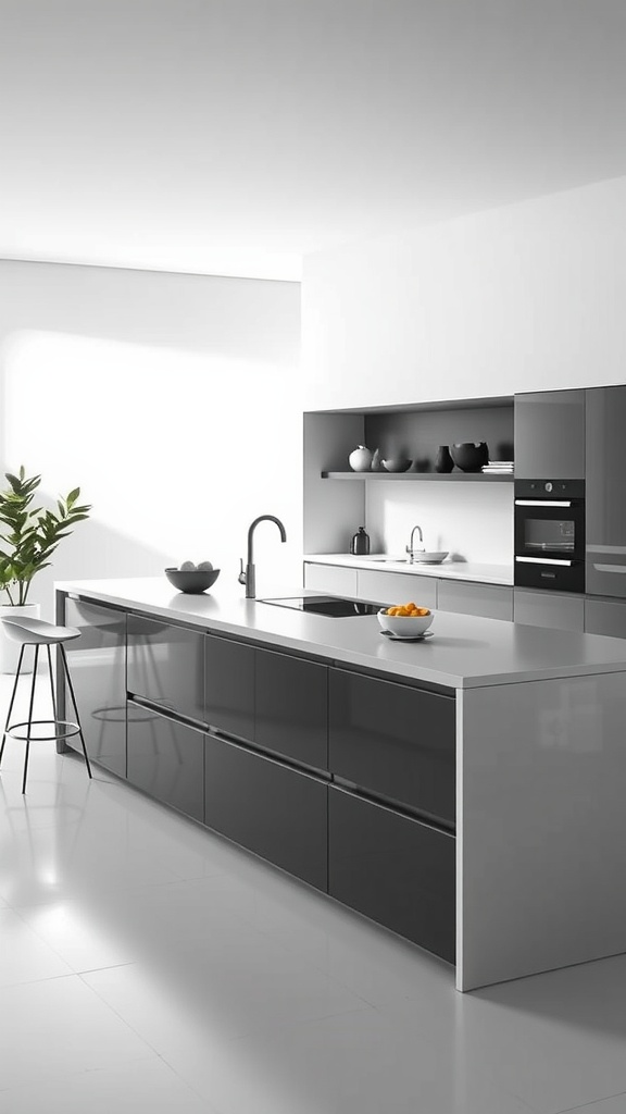 A sleek minimalist kitchen island with dark cabinetry, a white countertop, and modern accessories.