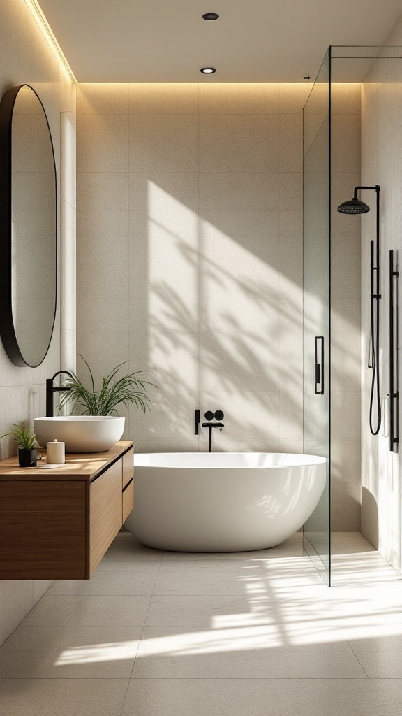 A modern bathroom featuring natural materials, a wooden vanity, a freestanding bathtub, and plants.