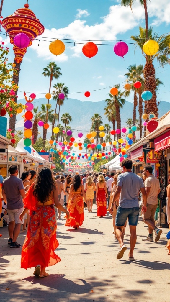 A vibrant street festival in Palm Springs with colorful lanterns and people walking.