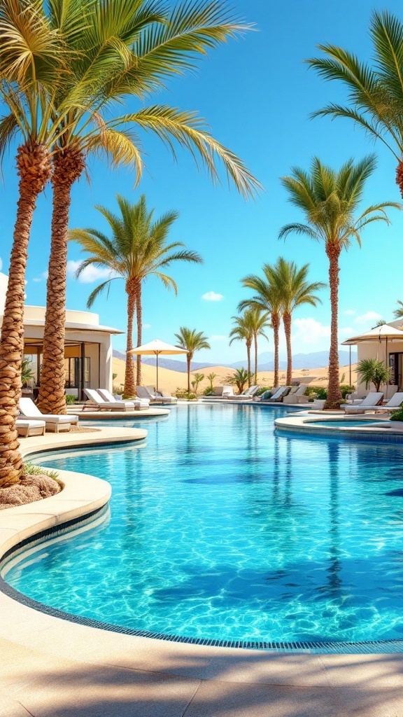 A serene pool surrounded by palm trees in Palm Springs.