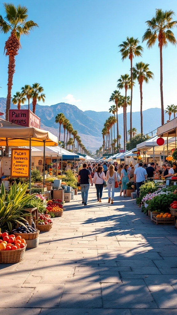 A bustling farmers' market in Palm Springs with palm trees and mountains in the background.