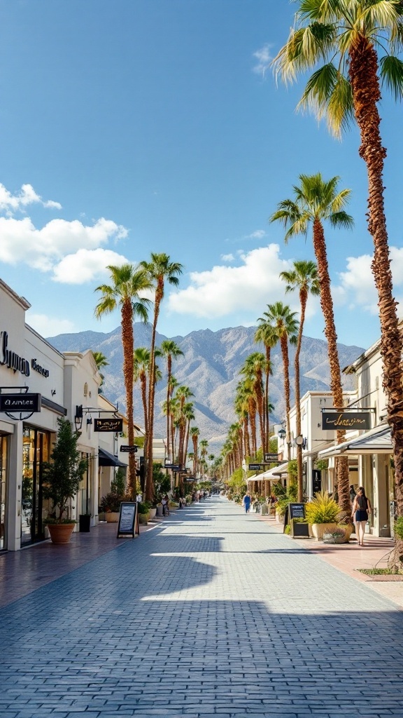 A scenic view of a luxury shopping district in Palm Springs, lined with palm trees and mountains in the background.