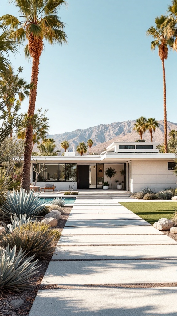 Mid-century modern house in Palm Springs with palm trees and mountains in the background