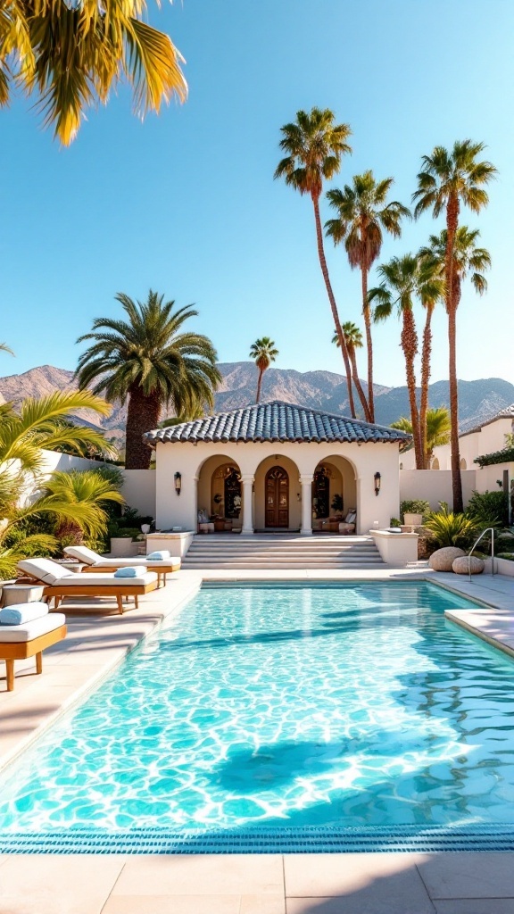 A serene spa setting in Palm Springs with a pool, palm trees, and beautiful architecture.