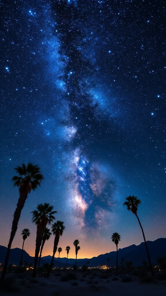 A beautiful night sky filled with stars and palm trees in Palm Springs