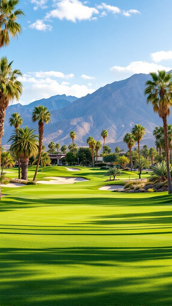 A scenic view of a golf course in Palm Springs with palm trees and mountains in the background