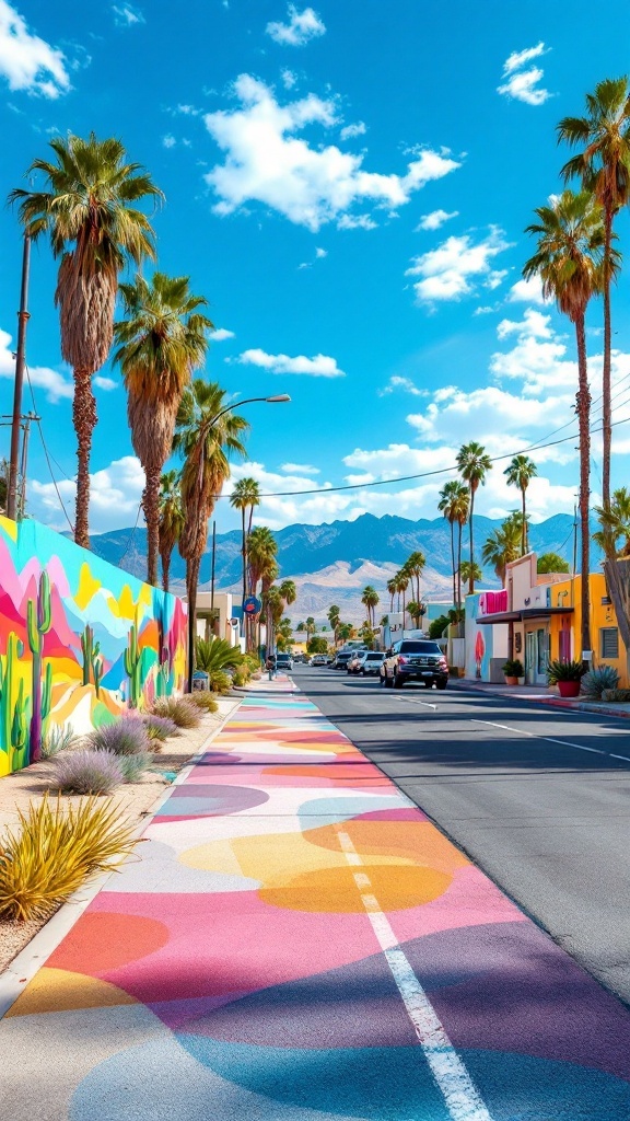 A vibrant street in Palm Springs with colorful murals and a clear blue sky