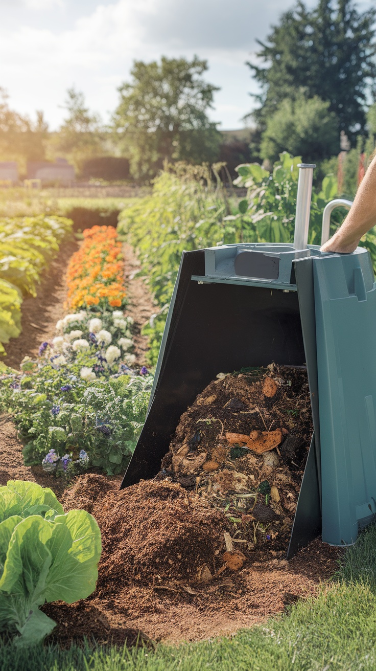 A compost tumbler in a garden filled with colorful flowers and vegetables.