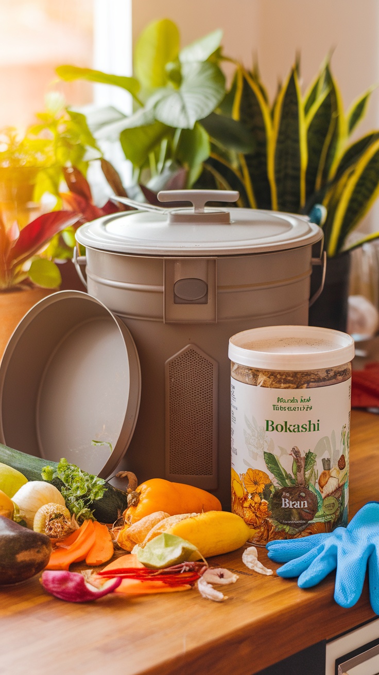 Chaos Garden and Solarpunk House. A Bokashi composting kit with a container full of food scraps and a jar of Bokashi bran on a kitchen counter.