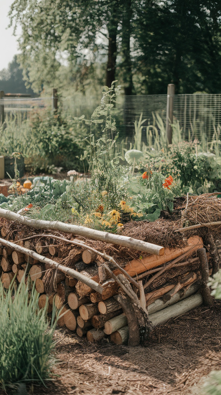 A hugelkultur bed constructed with logs and topped with a variety of plants