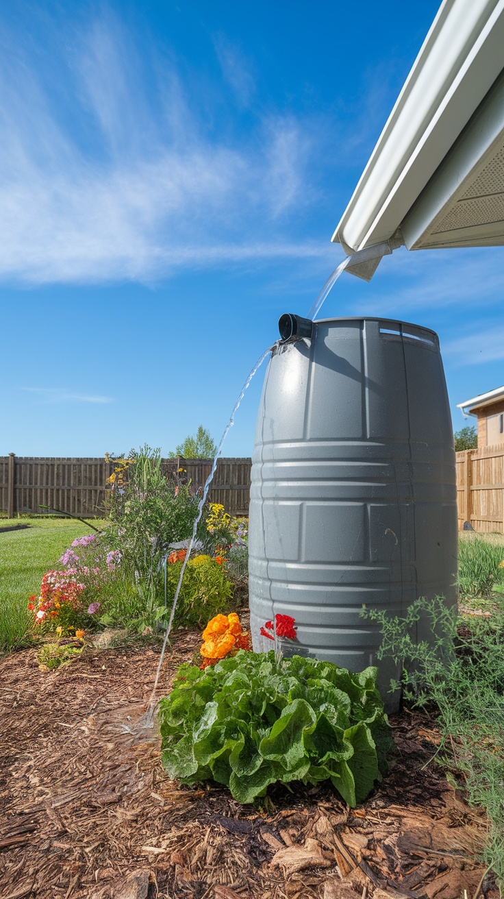 A gray rain barrel under a roof gutter, with water flowing into it, surrounded by blooming flowers and leafy greens.