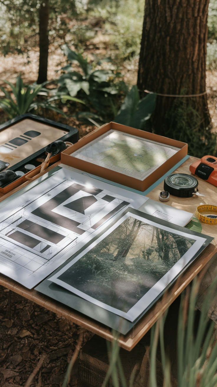 An outdoor workspace with design tools and sketches for permaculture