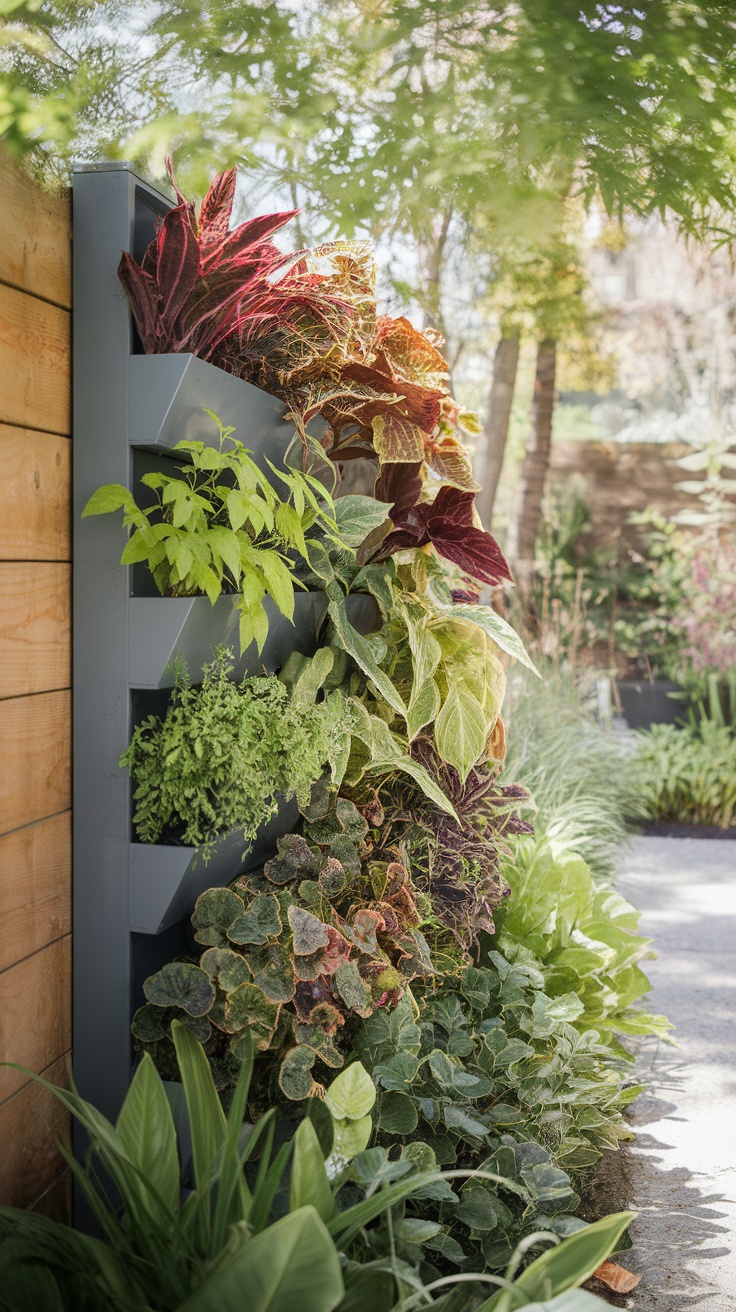 A colorful vertical garden planter with various plants.