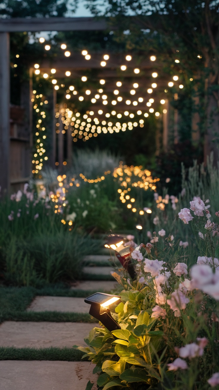 A garden path lit by solar lights surrounded by blooming flowers