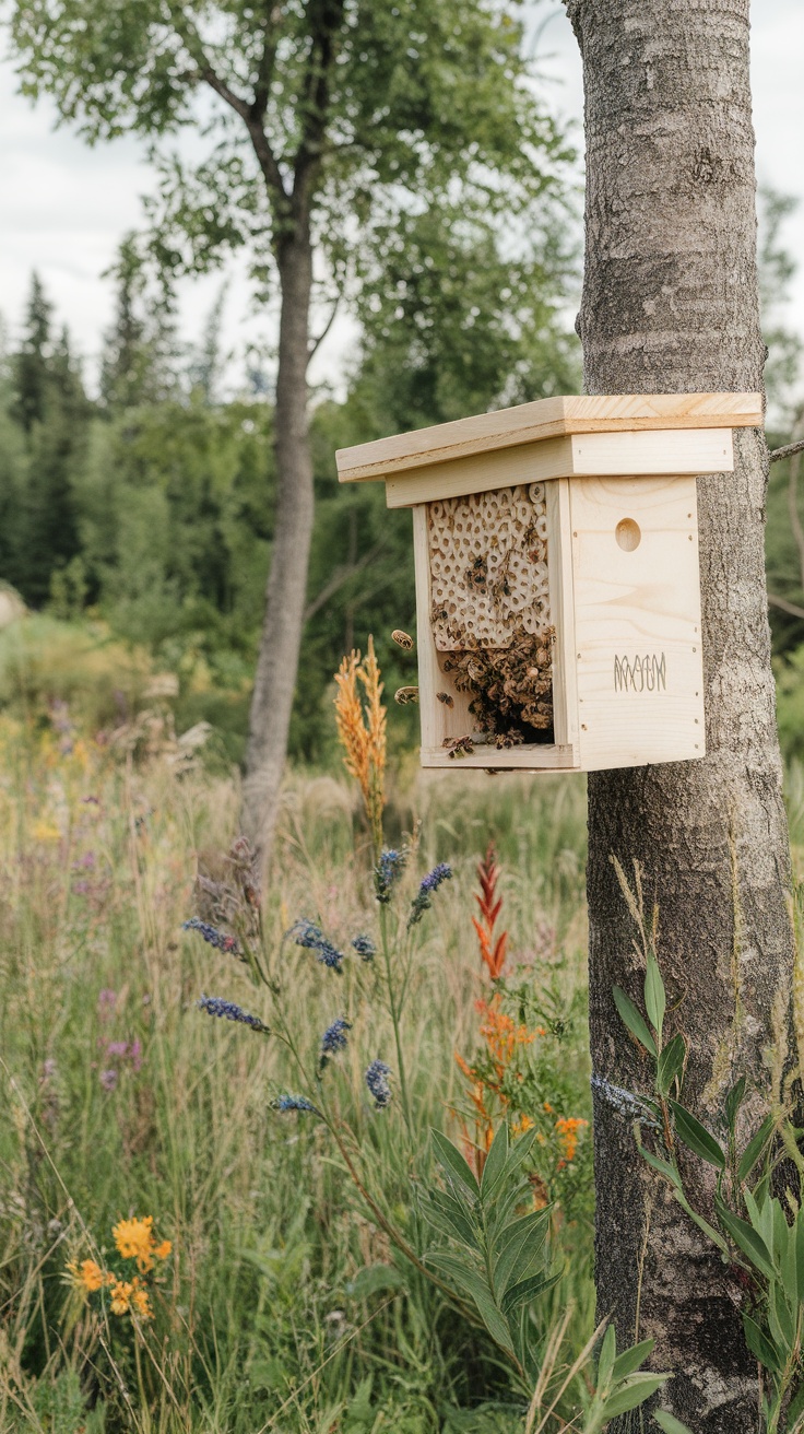 A mason bee house attached to a tree, surrounded by colorful wildflowers and greenery.