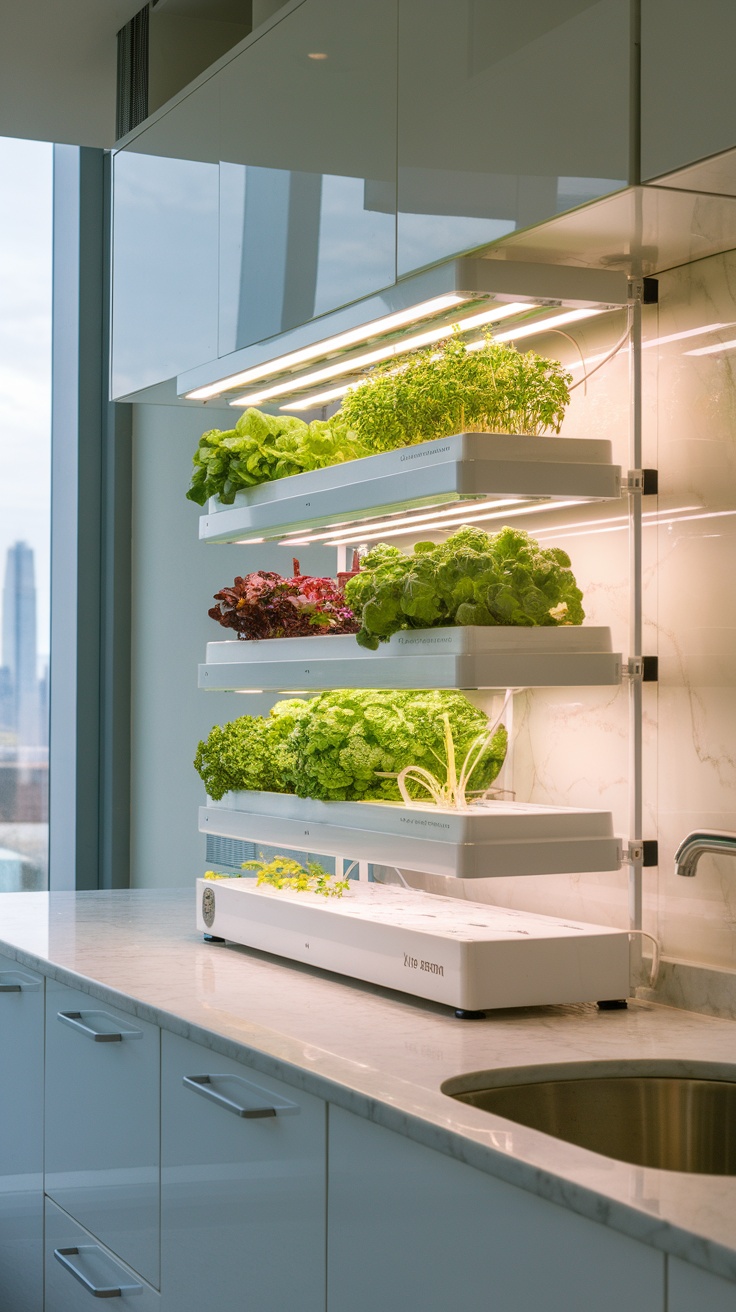 A modern hydroponic growing system with various leafy greens displayed in a kitchen setting.