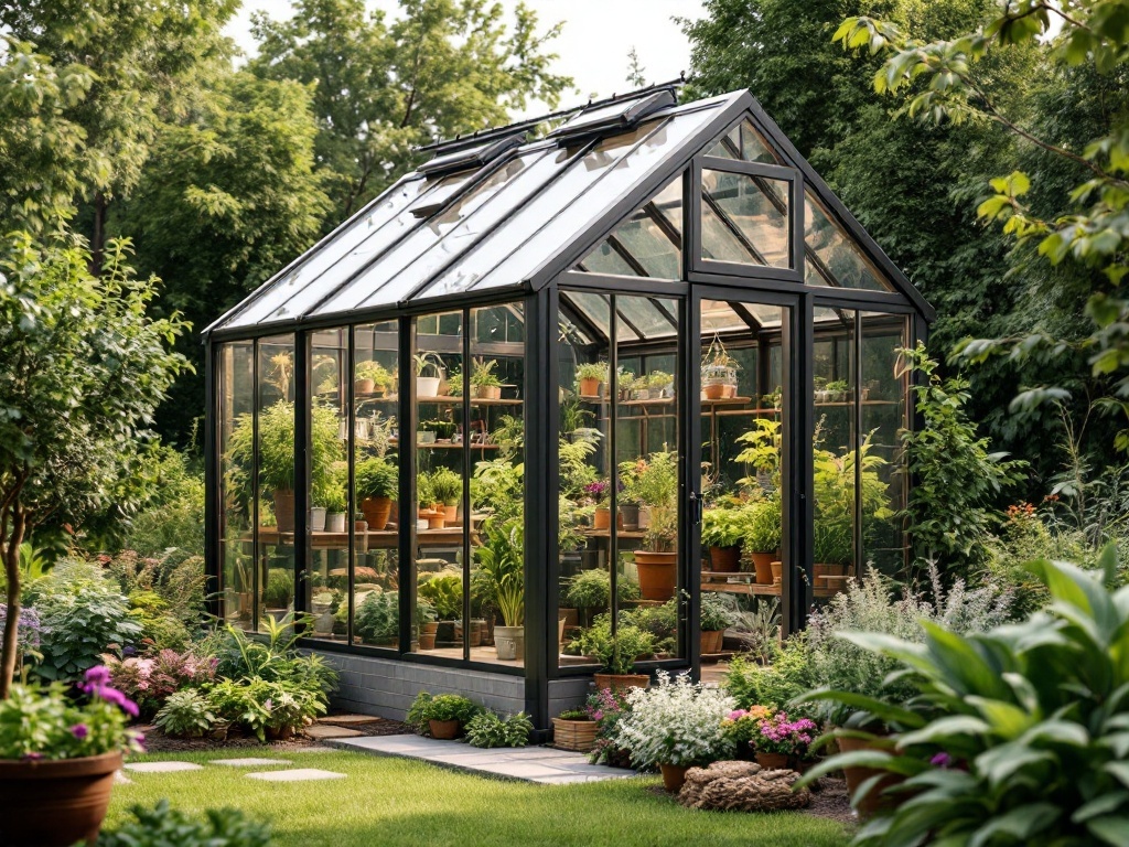 DIY Greenhouse Ideas A beautiful A-frame greenhouse filled with plants and flowers in a backyard garden.