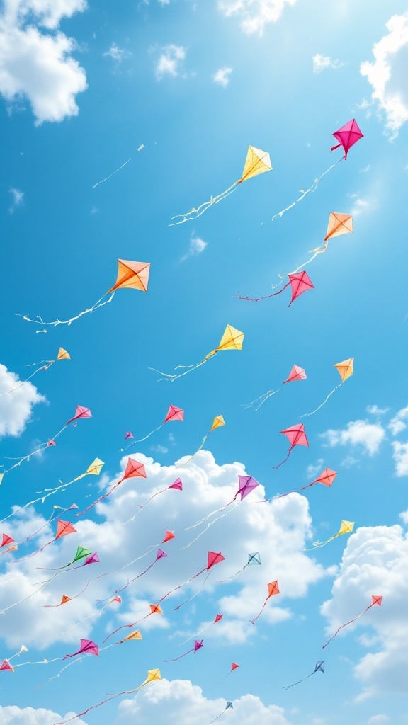 Colorful kites flying in a bright blue sky with fluffy clouds