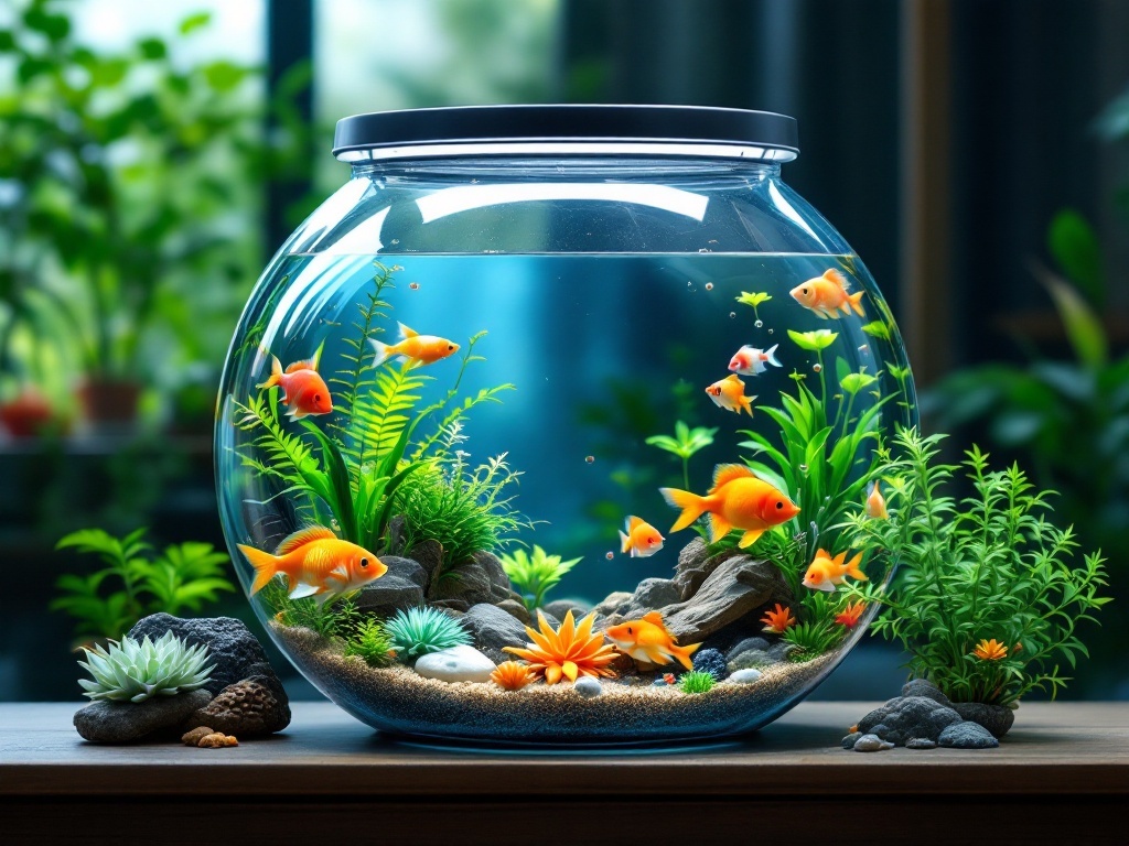 Aquatic bliss terrarium with colorful fish and plants.