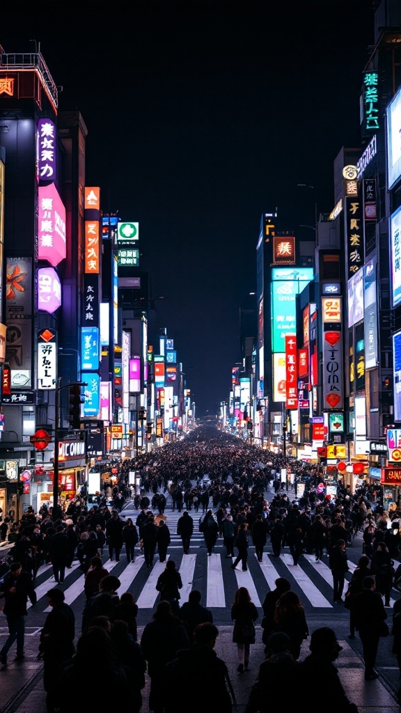 Instagrammable Travel Destinations to Visit. A busy Shibuya Crossing in Tokyo, illuminated by colorful neon lights at night.