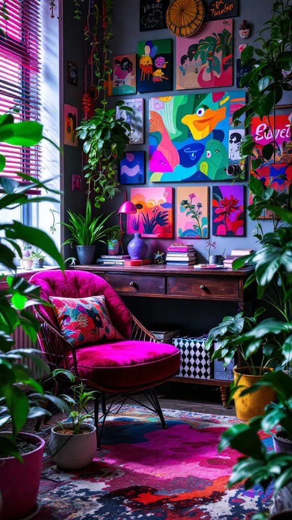 A colorful and vibrant art corner with plants, a pink chair, and creative artwork on the walls.