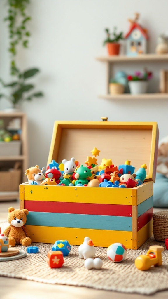 A colorful toy box filled with various toys in a bright room.