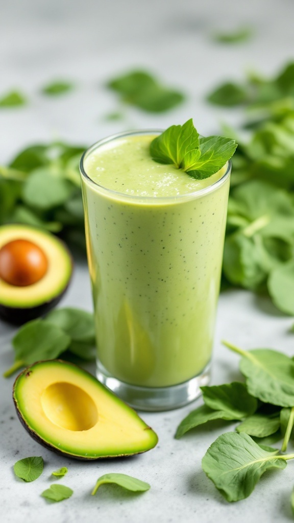 A refreshing green smoothie made with avocado and spinach