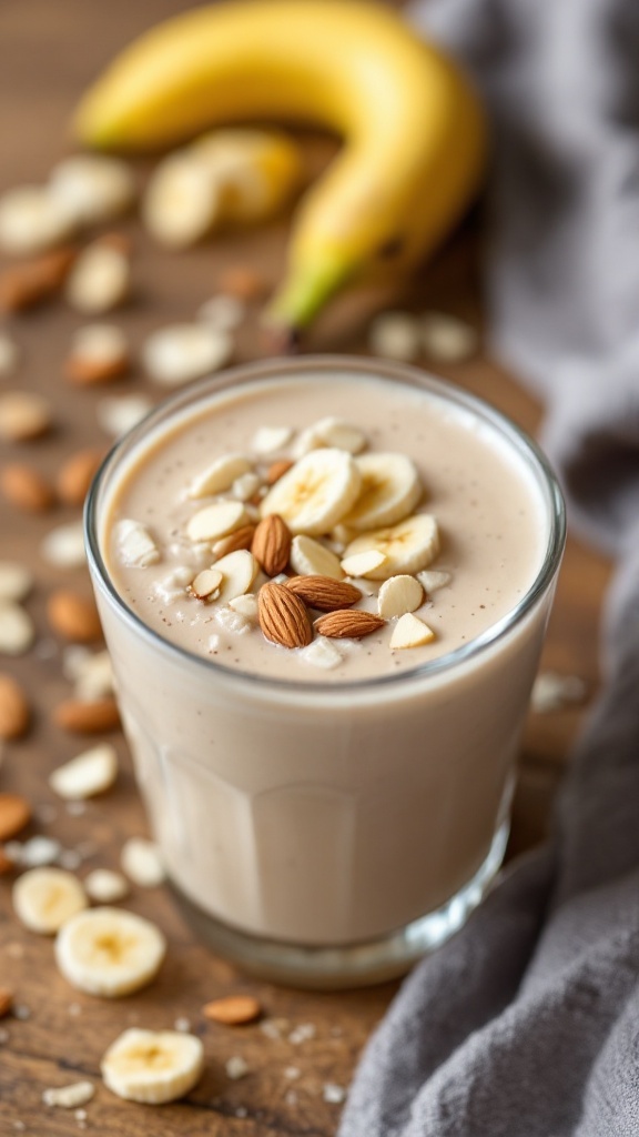 A glass of banana almond smoothie topped with sliced almonds and banana slices.