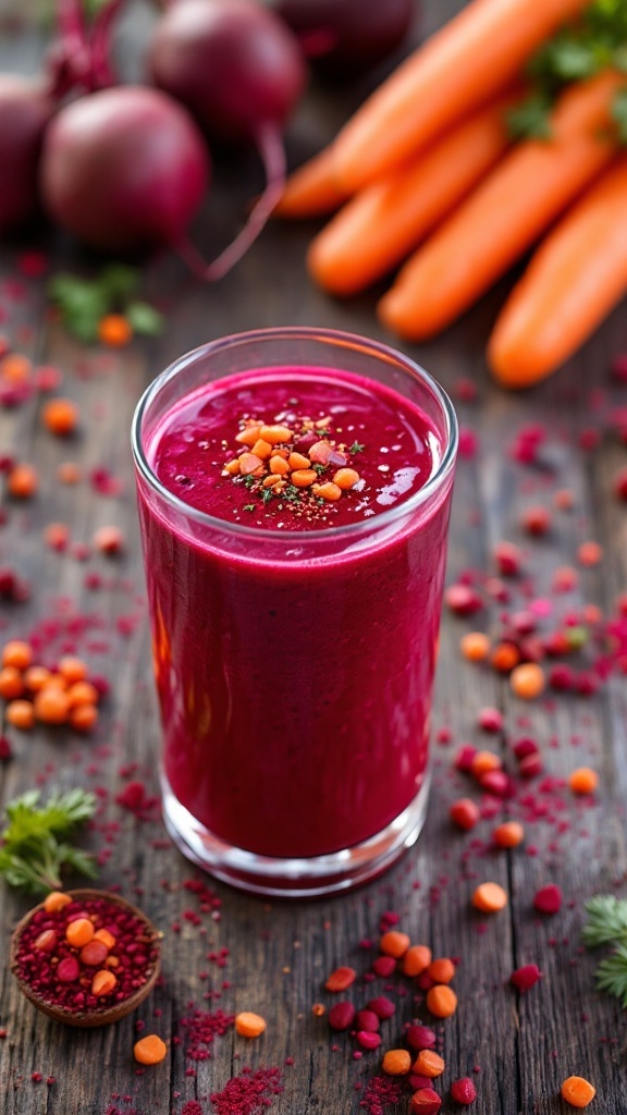 Beetroot and carrot smoothie in a glass with colorful toppings