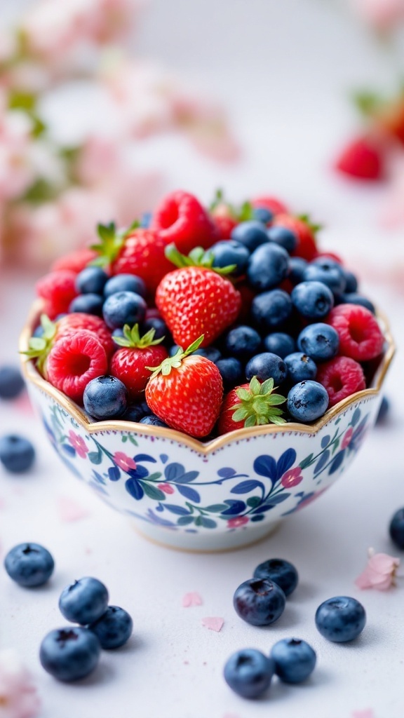 A colorful bowl filled with strawberries, blueberries, and raspberries, surrounded by scattered blueberries.