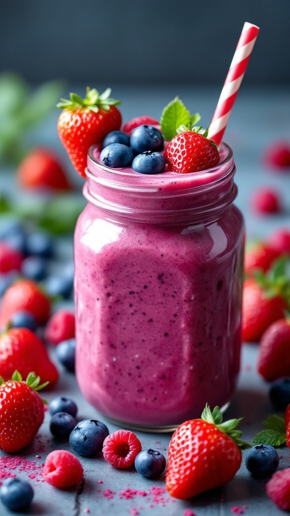 A colorful berry smoothie topped with fresh strawberries and blueberries, served in a jar.