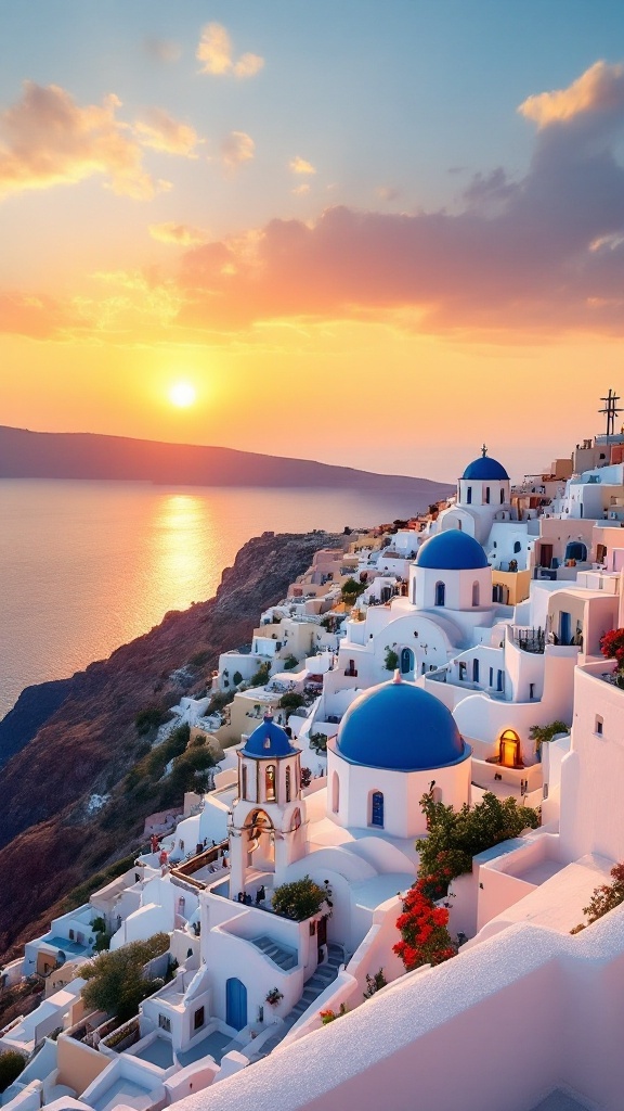 A scenic view of Santorini, featuring white buildings with blue domes, overlooking a sunset by the sea.