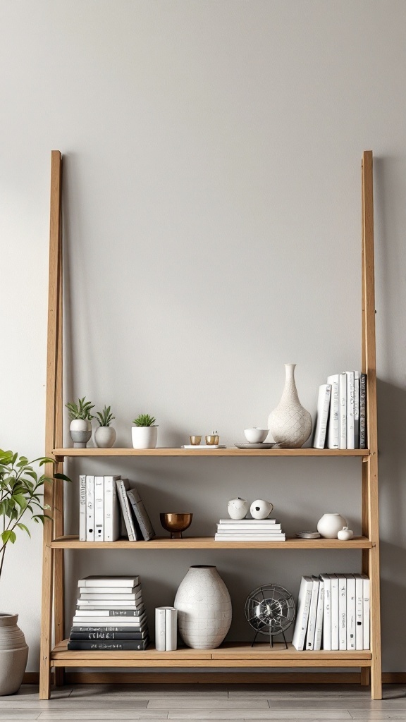 easy woodworking projects for beginners... A simple wooden bookshelf with decorative items and books arranged on its shelves.