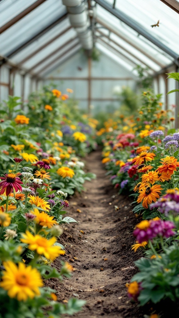 Colorful flowers in a greenhouse, ideal for attracting pollinators.