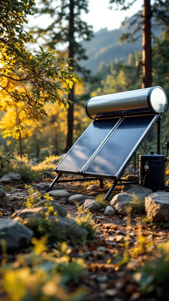 A solar water heater setup in a natural outdoor setting. no grid survival projects