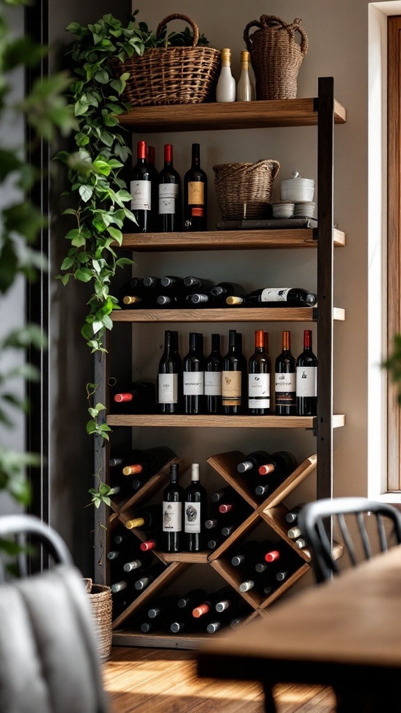 A stylish wooden wine rack filled with various bottles of wine, with decorative baskets and greenery.