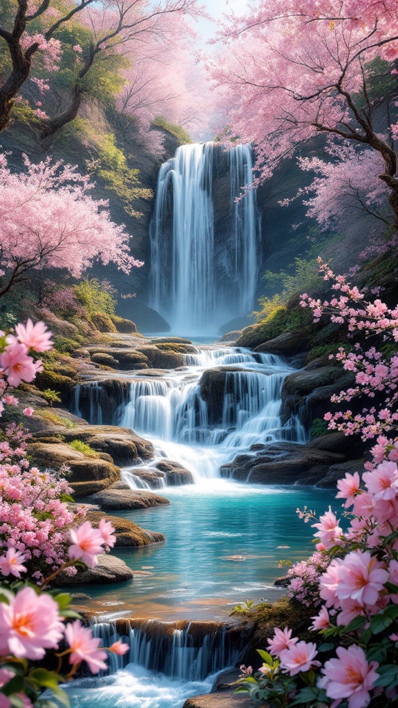 A beautiful cascading waterfall surrounded by pink cherry blossom trees and lush greenery.