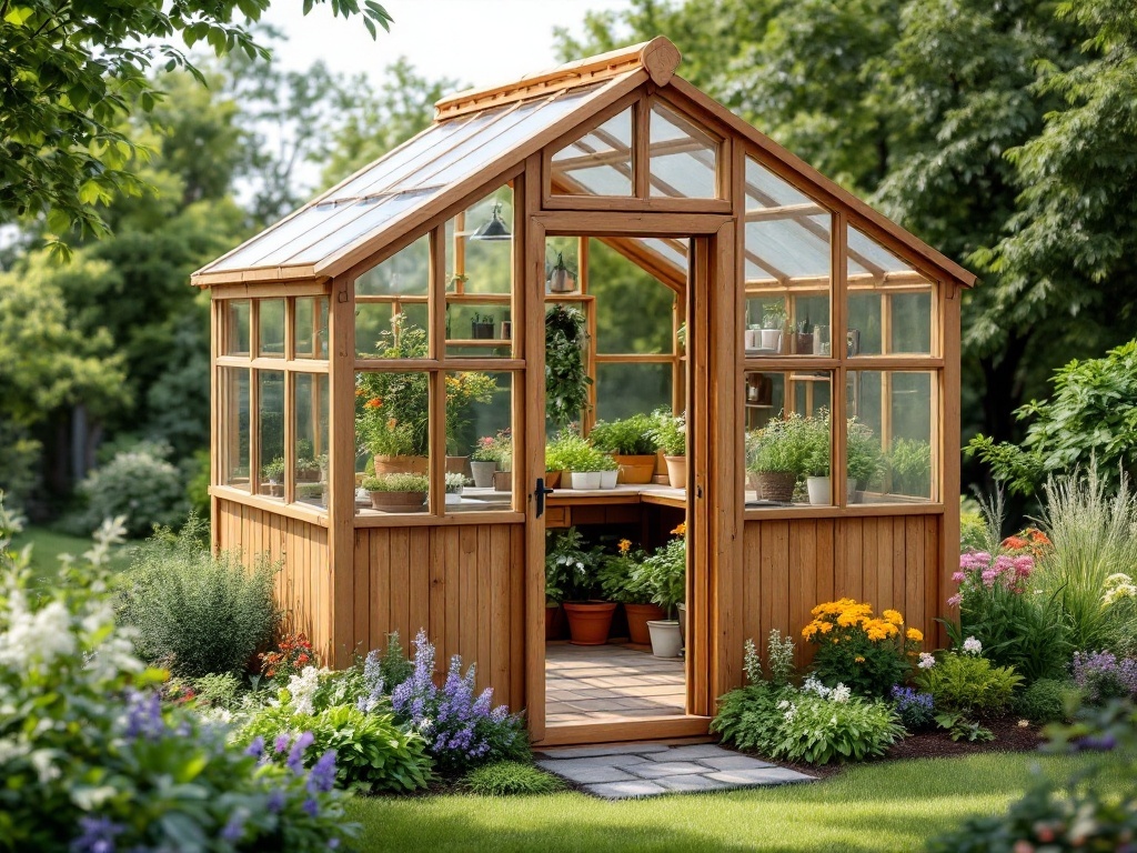 A charming cedar frame greenhouse surrounded by colorful flowers in a small garden.