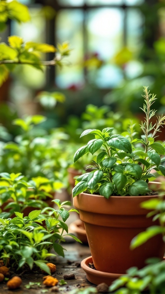 A variety of green herbs growing in terracotta pots