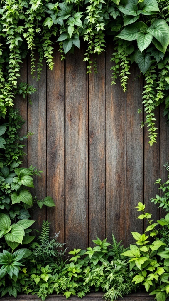 A lush vertical garden with various green plants against a wooden backdrop.