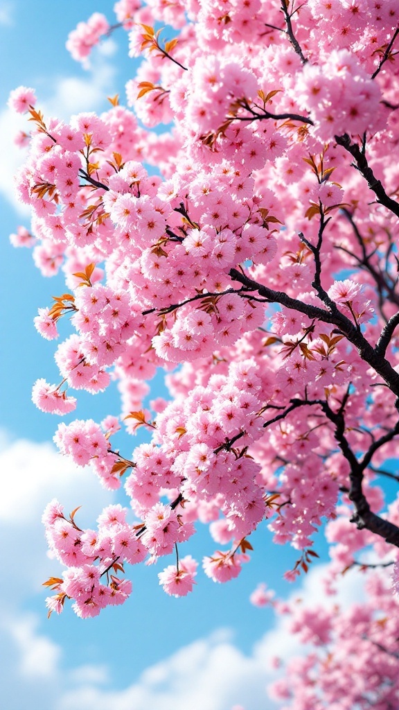 March iPhone Wallpaper - Cherry blossom tree branches with pink flowers against a blue sky.