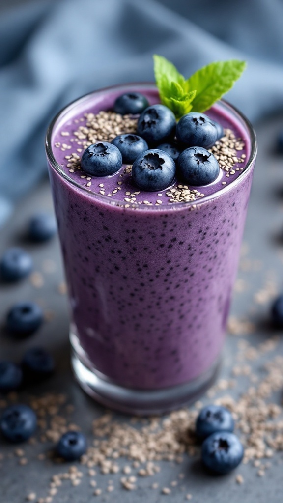A vibrant chia seed and blueberry smoothie topped with fresh blueberries and chia seeds