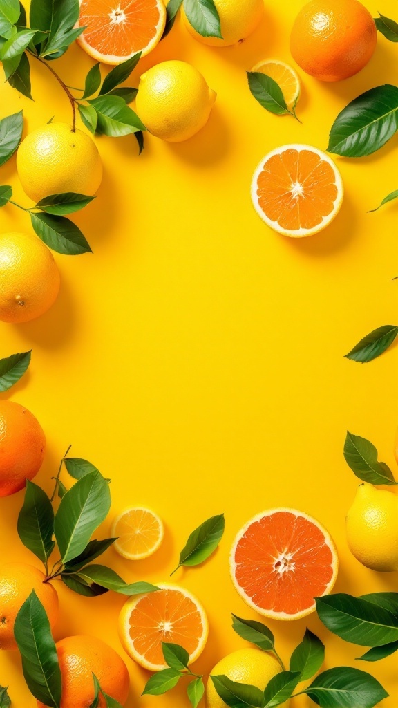 An assortment of citrus fruits including oranges, lemons, and grapefruits arranged with green leaves on a bright yellow background.