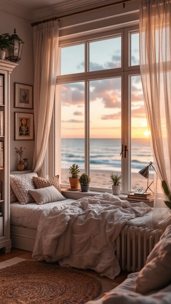 A cozy room with a view of the beach, featuring soft bedding, plants, and warm sunlight.