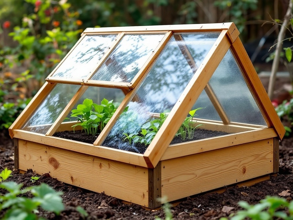 A small wooden cold frame greenhouse with clear panels, showcasing young plants inside.