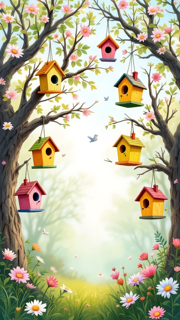 March iPhone Wallpaper - Colorful birdhouses hanging from trees surrounded by flowers in spring